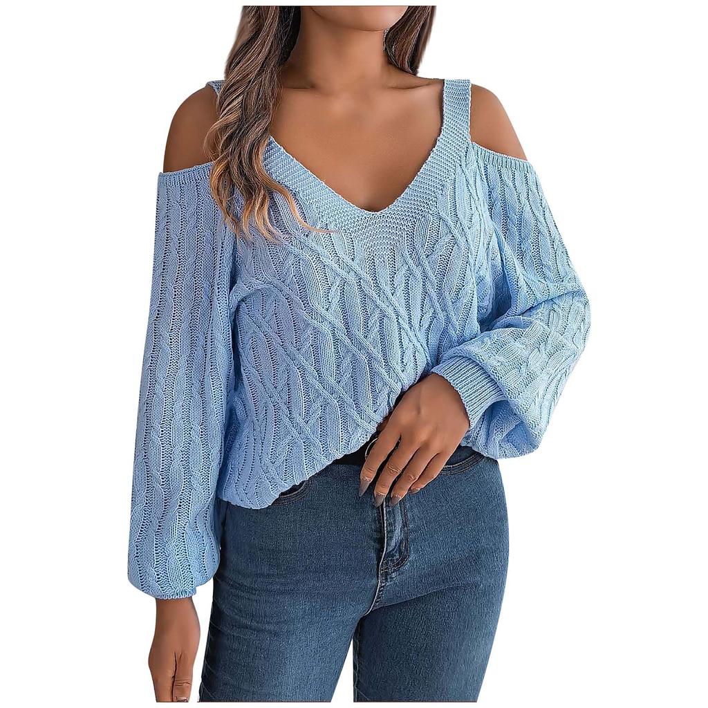Women's Fashion V-neck Long Sleeved Solid Color Shoulder Loose Sweater
