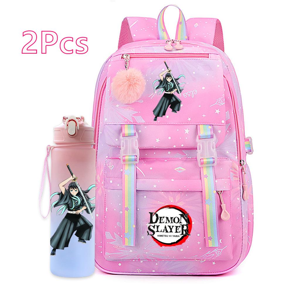 2Pcs/set Anime Cartoon Demon Slayer Printed Backpack with 750Ml Water Bottler for Teenager Bookbag Large Capacity Waterproof Travel Bag Gift