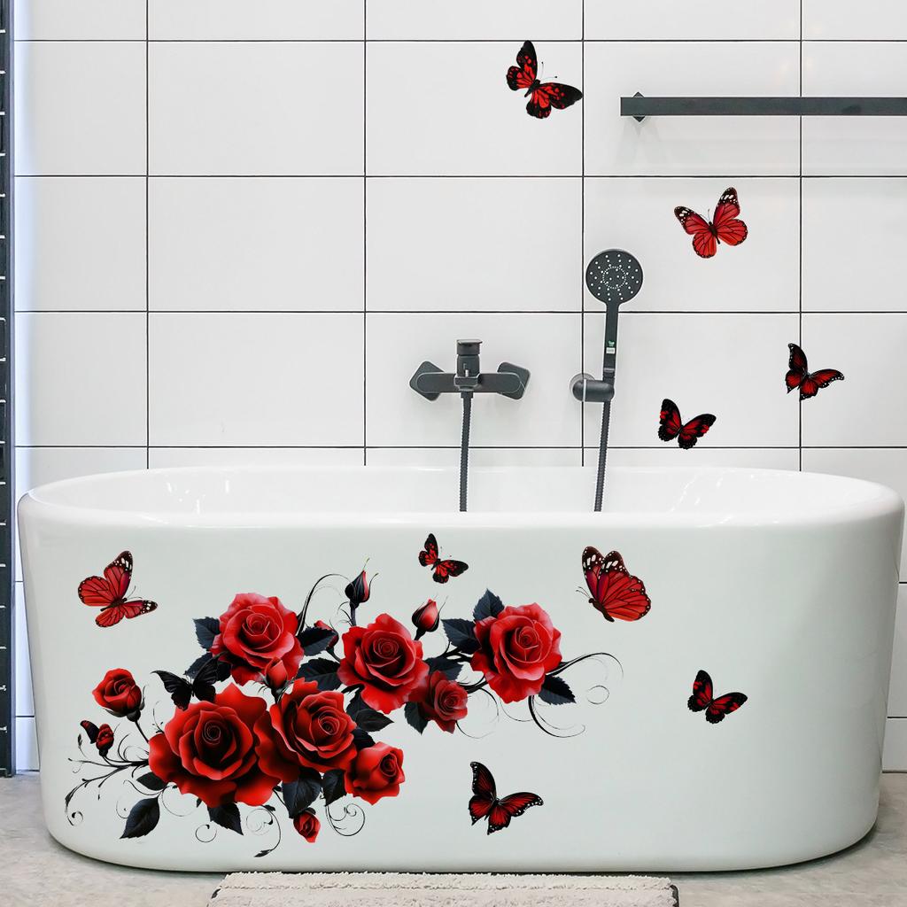 Valentine's Day Floral Wall Stickers, Rose Butterfly Decor, Living Room Bedroom Kids Room Holiday Background Wall Art