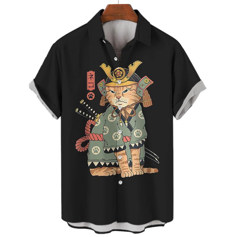 

Повседневная гавайская рубашка мужская японская рубашка с 3D-узором Bushido мужские рубашки мультяшные животные кошка 3D-печать мужская рубашка мужская одежда 5XL