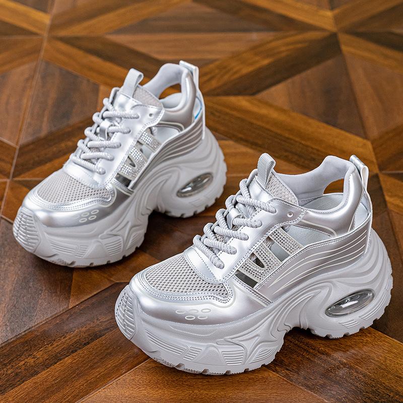 

Thick-soled inner height increase dad shoes women s new mesh hollow breathable sports and leisure shoes small muffin shoes 39 срібний