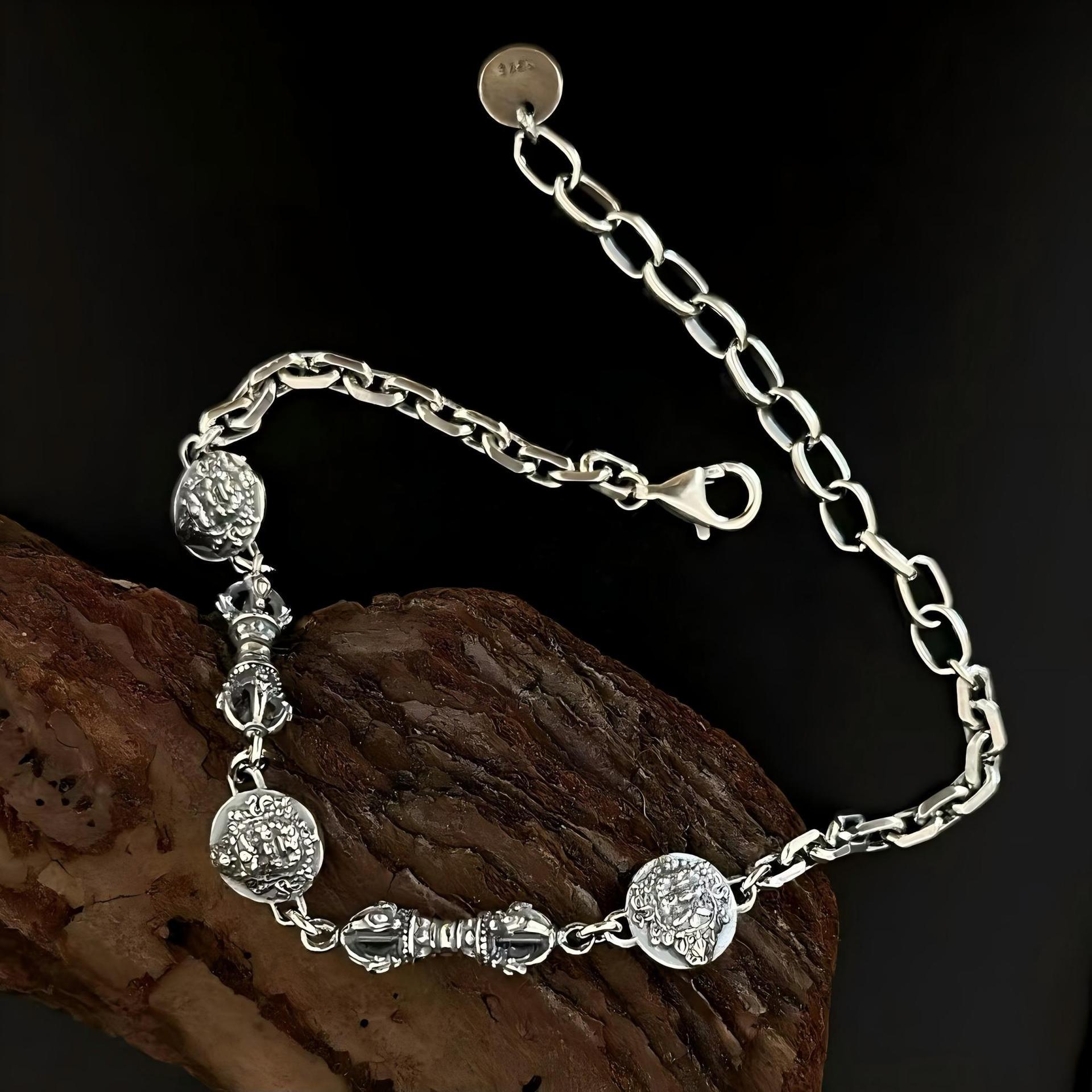 

S925 Sterling Silver Wealth God Buddha Statue Vajra Bracelet for Women - Original Niche Design Vintage Finish