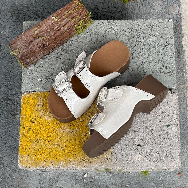 

Suction film bottom double buckle with slippers summer new thick bottom heightening one-word drag casual versatile outer wear sandals women 40 бежевий