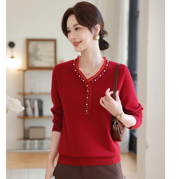 

Mother Autumn Clothing Foreign Style Base Age Reduction In The Elderly Women Loose Knitted Sweater Middle-aged Women Top XL красный