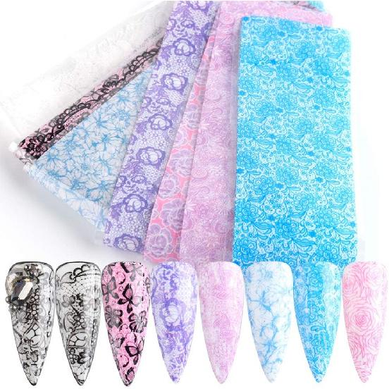Lace Flowers Nail Foil Transfer Stickers Decals Nail Art Foils Lace with Flowers Holographic Nail Art Film Design for Women Girls Manicure Tips