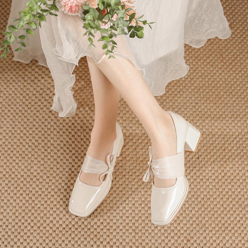 Spring new Mary Jane shoes women's patent leather high-heeled single shoes square head shallow mouth thick heel bow single shoes women