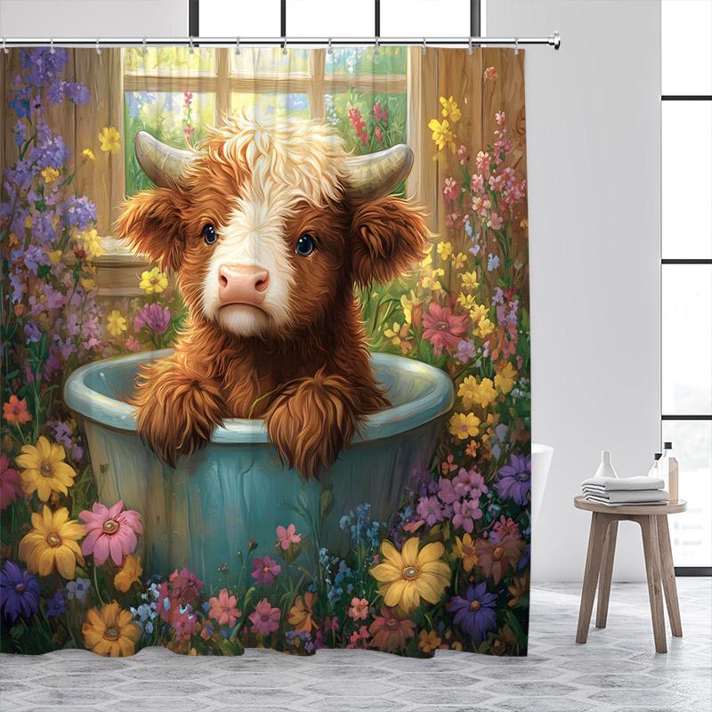 

Funny Bathing Highland Cattle Shower Curtains Brown Farm Animal Cow Old Newspaper Fabric Bathroom Bath Curtain Decor With Hooks W60H190(CM)-1 Pcs