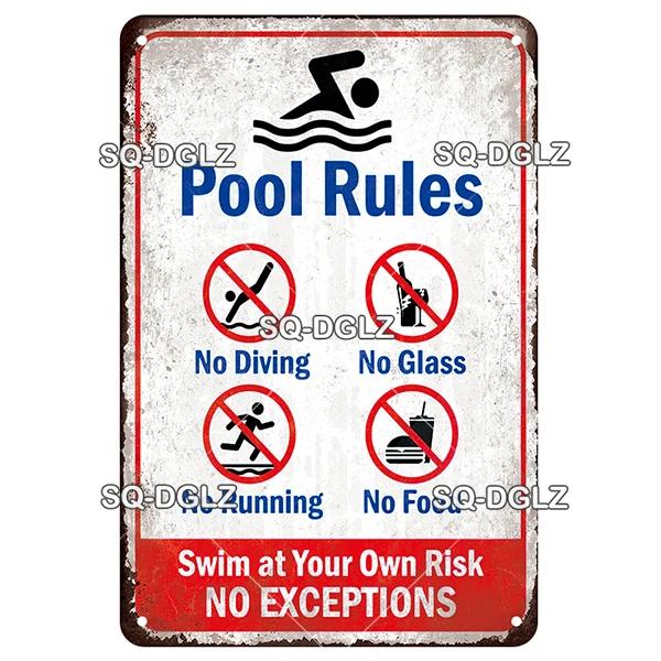 SQ-DGLZ Vintage Warning Pool Rules Metal Sign Plate Tin Sign Plate Home Bar Door Wall Decor Sticker Decoration Plaque Poster