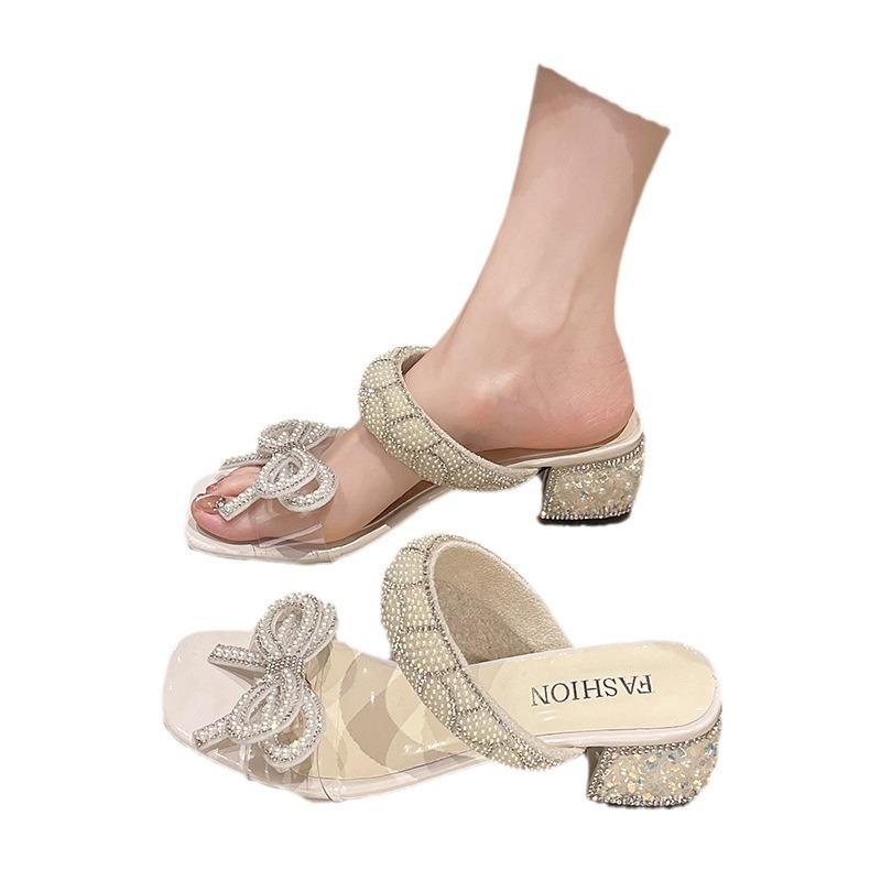Size 35-42 Celebrity Temperament Cool Slippers Women's 2025 New Rhinestone Bow One-word Dress Wear High Heel Sandals