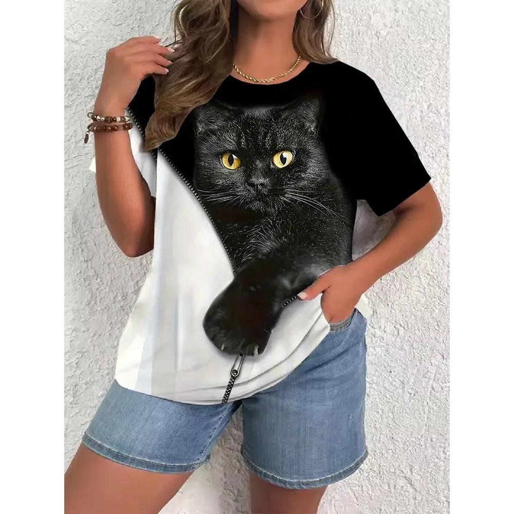 Милая забавная кошка 3D-печать, короткий рукав, модная, удобная, мягкая, дышащая, большая, свободная, летняя женская футболка S