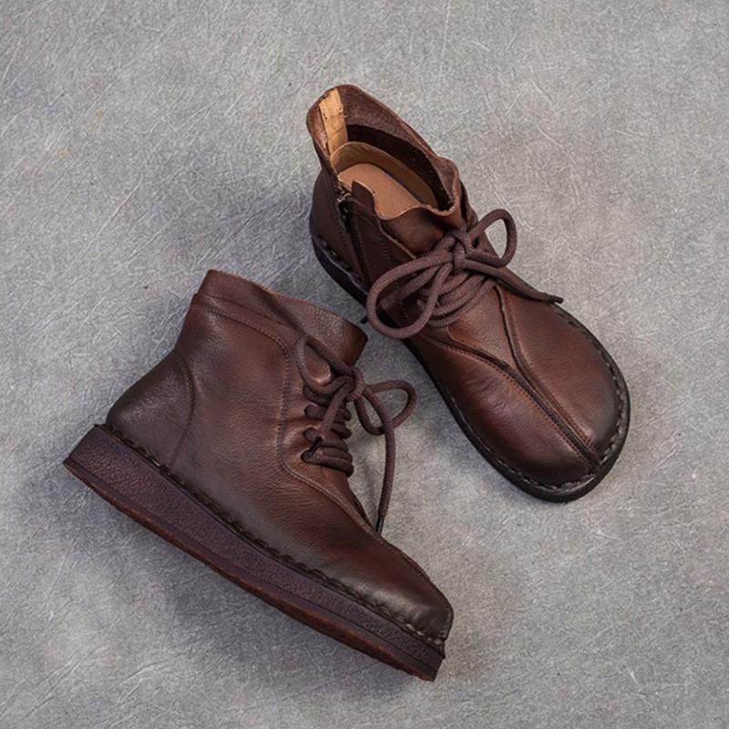 Johnature Retro Lace Up Flat Short Boots Genuine Leather Comfortable Versatile Women's Shoes