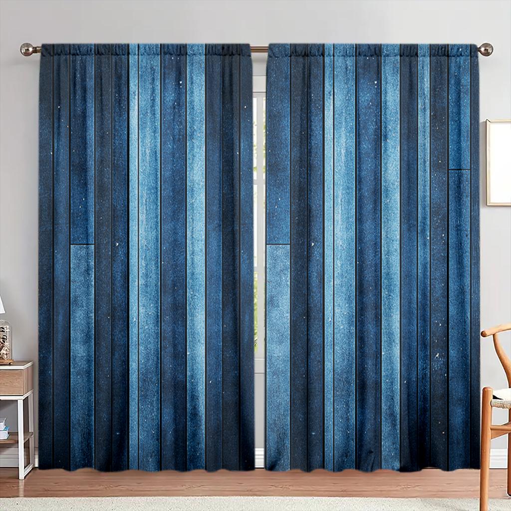 2pcs American Retro Style Blue Wood Grain Printed Curtain for Home Decor - Rod Pocket Window Treatment for Bedroom Office