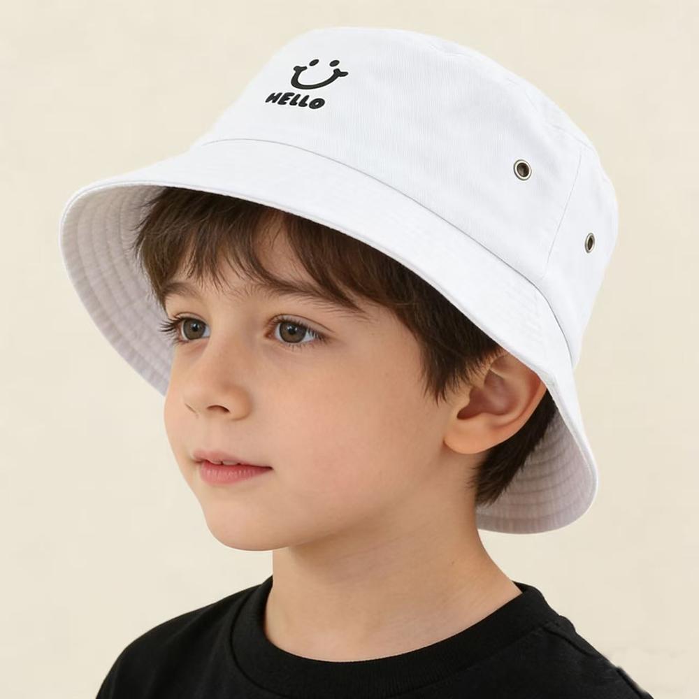 Baby Sommer Sonnenhut Kinder Cartoon Lachendes Gesicht Hallo Buchstabe Eimerhut Für Mädchen Einfarbige Gewaschene Baumwollkappe Kinder 3-7J