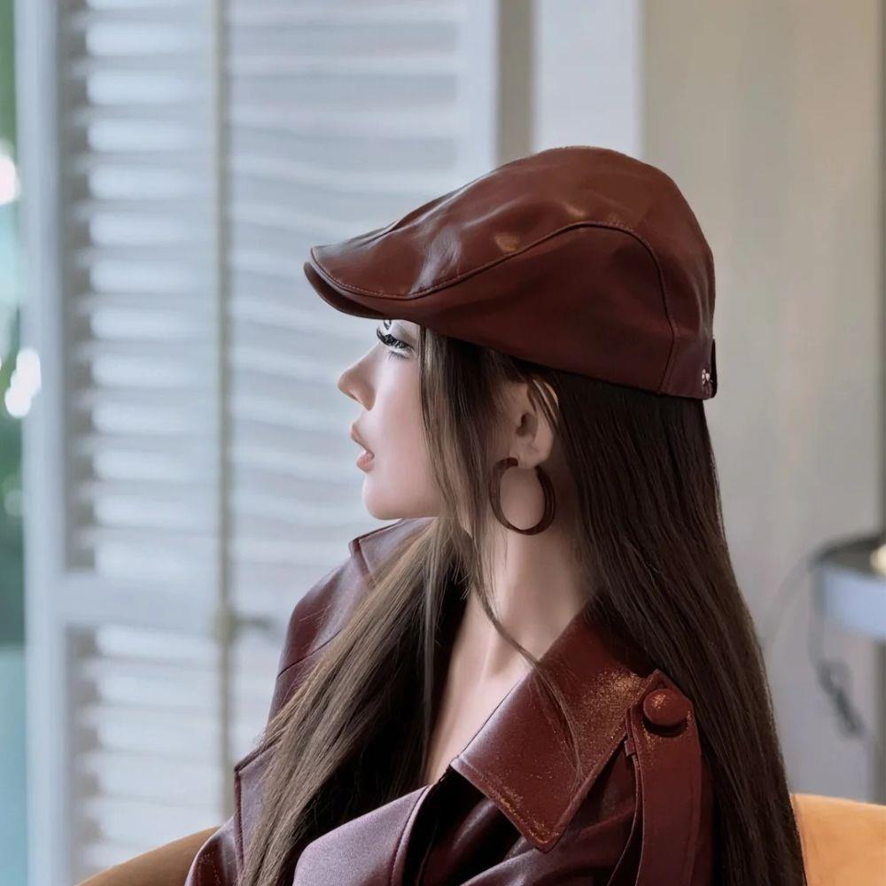 Retro Pu Leather Newsboy Caps Men British Painters Hats Women Hip Hop Berets Short Brim Flat Cap High Quality Visors Forward Hat