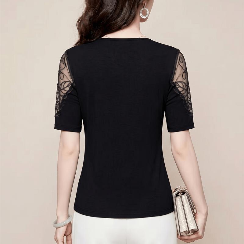 Summer Elegant Lace Hot Diamonds V-neck Mid Sleeve Top for Women Soft Mesh High Elasticity Stylish T-shirt New Luxury Tees Blouse