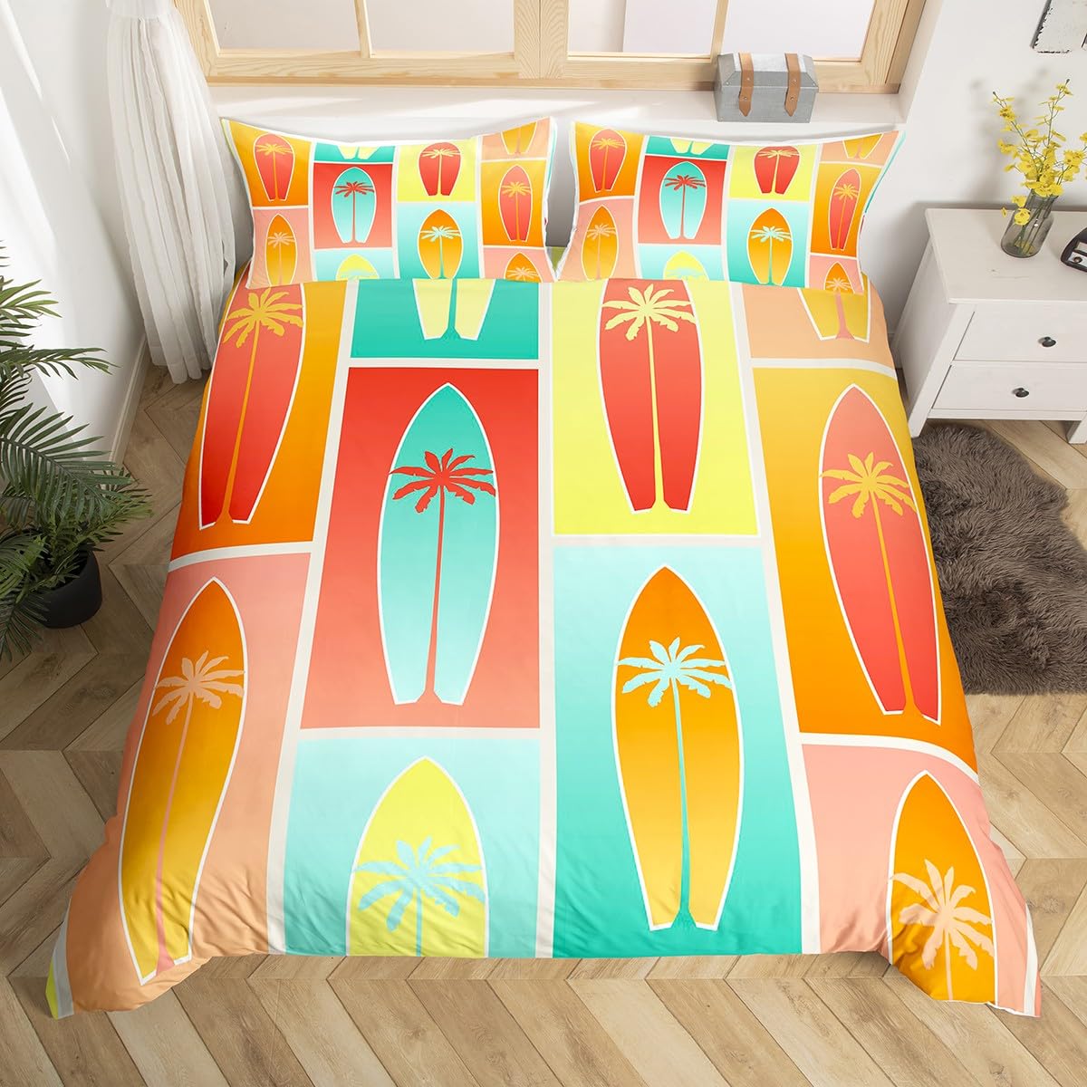 

Kid Summer Gnome Duvet Cover Double King Surfboard Lifebuoy Comforter Cover Tropical Palm Leaves Bedding Set Cartoon Quilt Cover EU Single(135*200cm)3pcs
