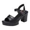 Soft Leather High-heeled Sandals Women's 2025 Summer New Mid-heel Thick Heel One-word Buckle with Fish Mouth Mother Shoes Fashion Women's Shoes