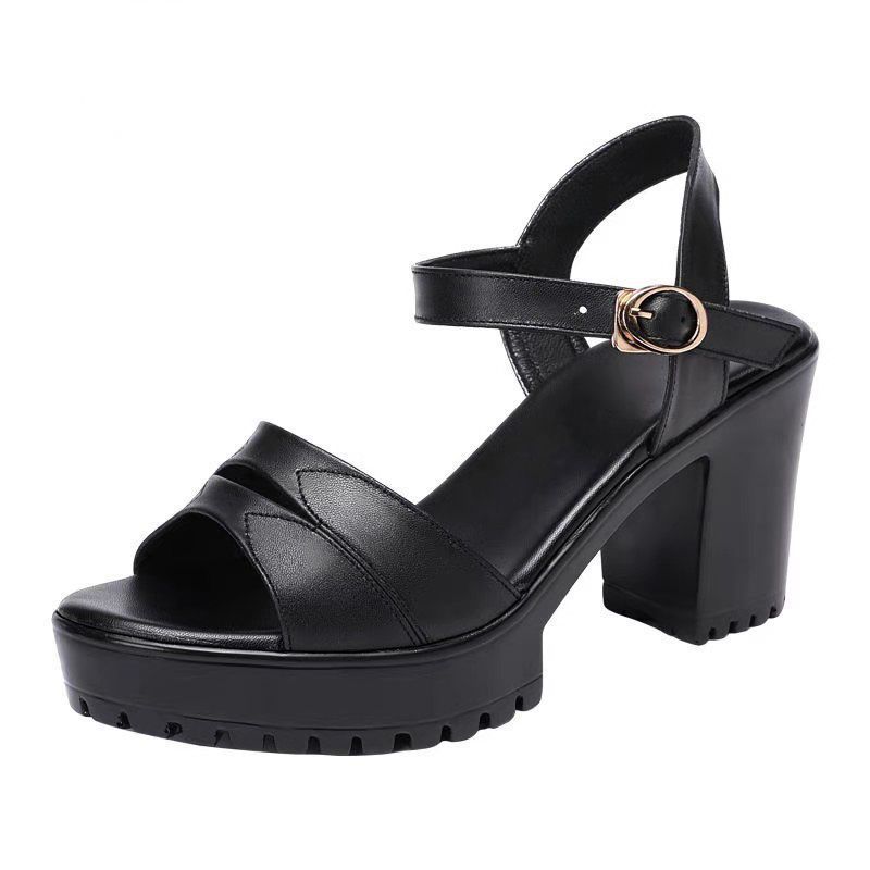 Soft Leather High-heeled Sandals Women's 2025 Summer New Mid-heel Thick Heel One-word Buckle with Fish Mouth Mother Shoes Fashion Women's Shoes