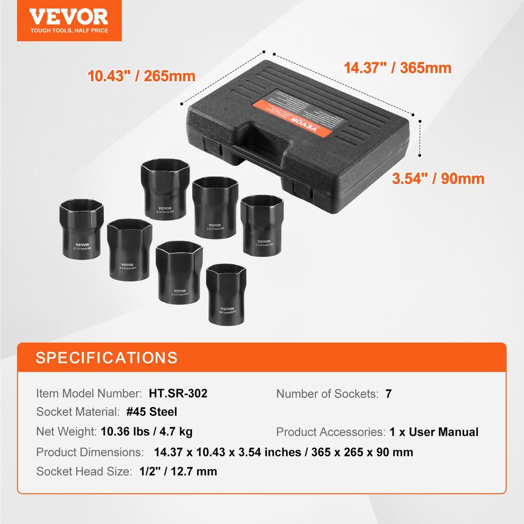 VEVOR Wheel Bearing Locknut Socket Set, 1/2 Inch Drive 7 Piece SAE and Metric 6-Point Socket for Ford, Dodge, and Toyota Vehicles, with Storage Case