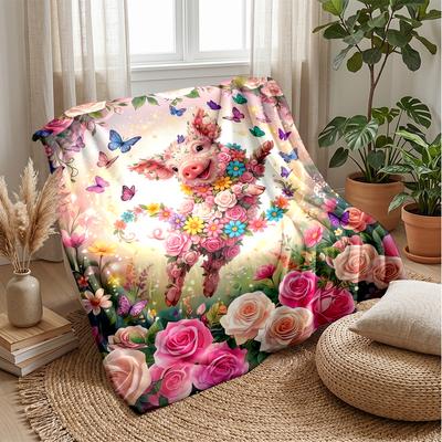 Floral Pig with Butterflies Theme Blanket Lightweight Warm Flannel Blanket Decorative Throw Blanket for Home Decoration