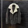 New merino wool collar down jacket women's winter goose down suit collar retro contrasting leather jacket