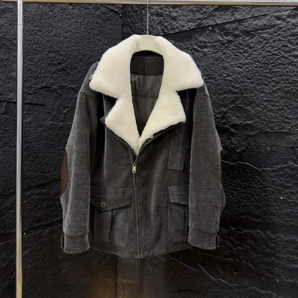 New merino wool collar down jacket women's winter goose down suit collar retro contrasting leather jacket
