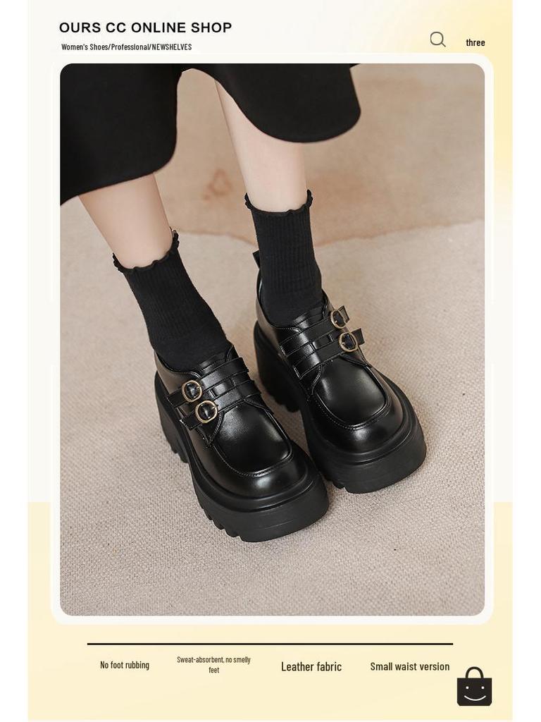 Dámské drobné černé platformové mokasíny - Kolekce jaro/podzim 2025: Všestranné kožené boty JK se silnou podrážkou zvyšující výšku