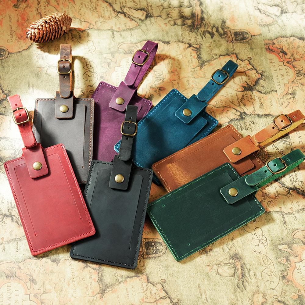 2025 Vintage Genuine Leather Luggage Tag Rectangle Travel Hang Tag Personalized Check-in Card Holder for Airplane/Business Trips