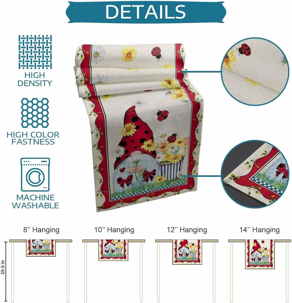 Spring Gnome Ladybird Flowers Linen Table Runner Dresser Scarves Table Decor Farmhouse Kitchen Dining Table Runner Party Decor