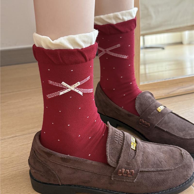 Women's Big Red Christmas Socks: Year of the Horse, Cute Polka Dot Bow, Lace Fabric, Striped Mid-Calf Design