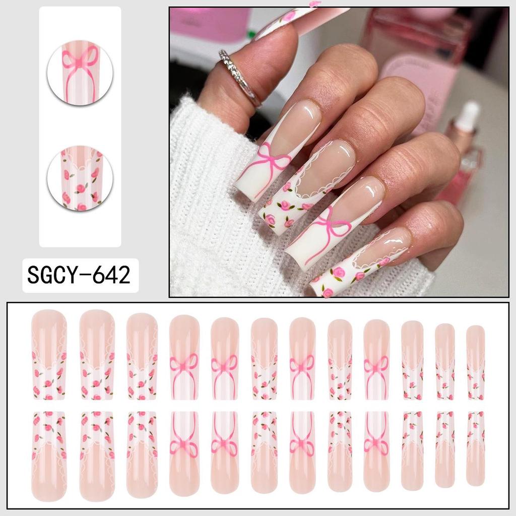 European & American Style French Manicure Bow Flower Nail Tips - 24 Detachable False Nails