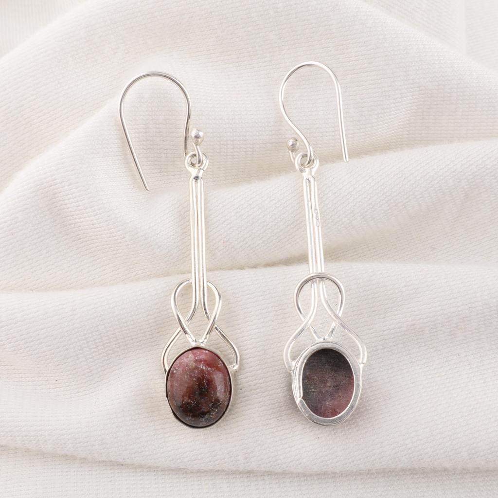Black Rhodonite Gemstone Jewelry, 925 Solid Sterling Silver Earring,  Handmade Gorgeous Silver Boho Earrings For Wedding Gift