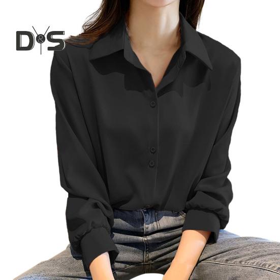Women Shirt Pure Color Single Breasted Turn Down Collar Plus Size Long Sleeve Cardigan Soft Casual OL Commute Bottom Blouse Lady Top