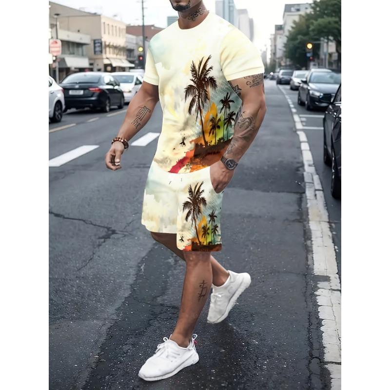 Men s casual suit, short-sleeved + shorts suit, personalized coconut tree print design S
