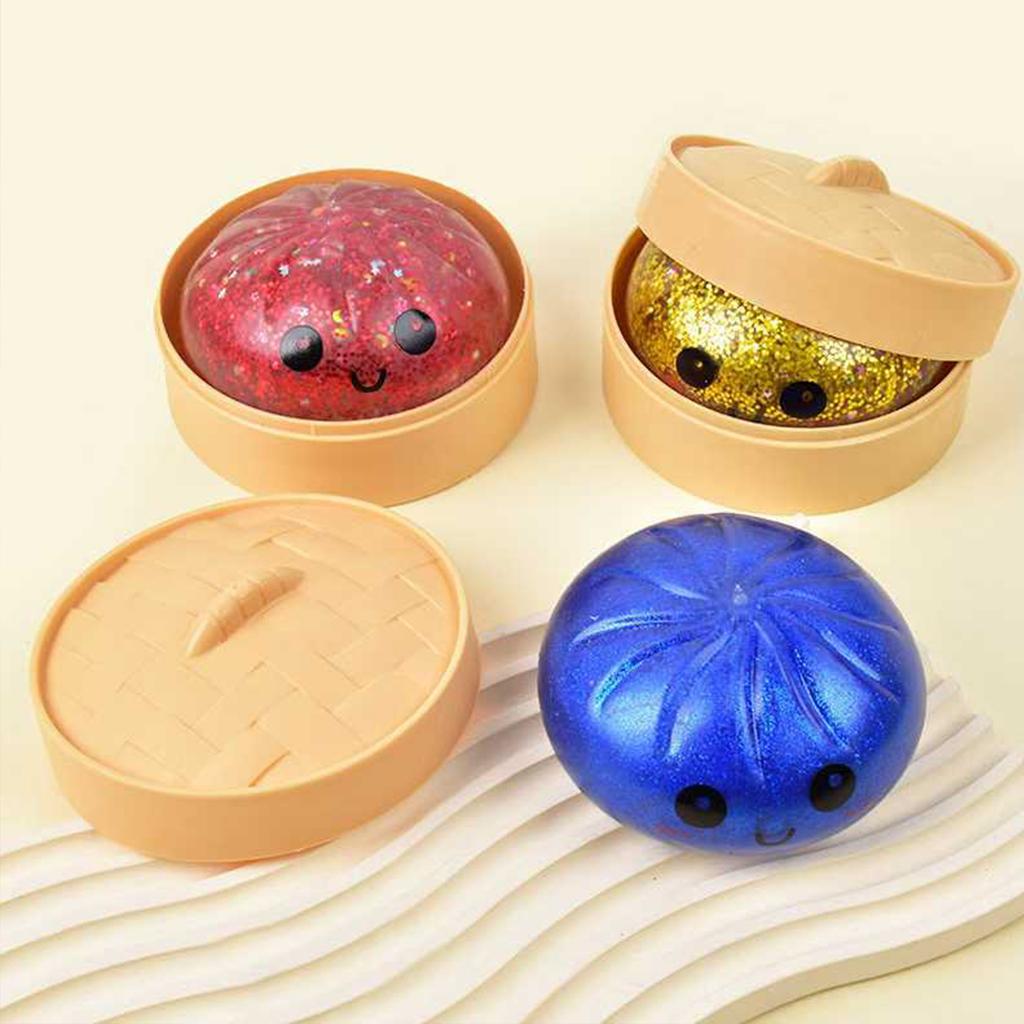 Glitter Bun with Food Steamer Stretchy Desk Toys Squeeze Dough Ball Soft Dumpling Bun Simulation Fidget Toy for Kids Adults