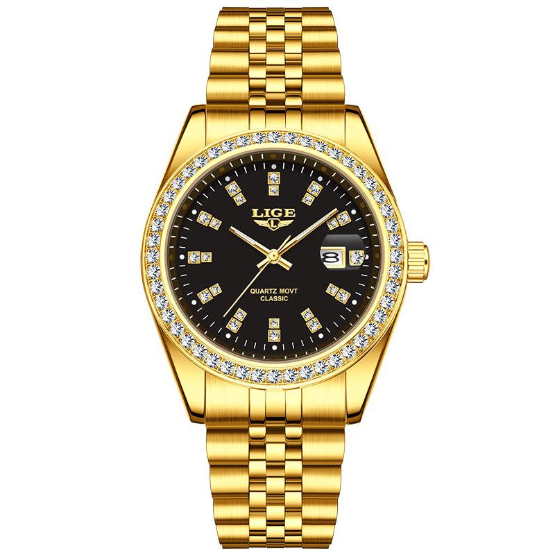 LIGE Men's Elegant Quartz Watch with Large Diamond-Inlaid Dial