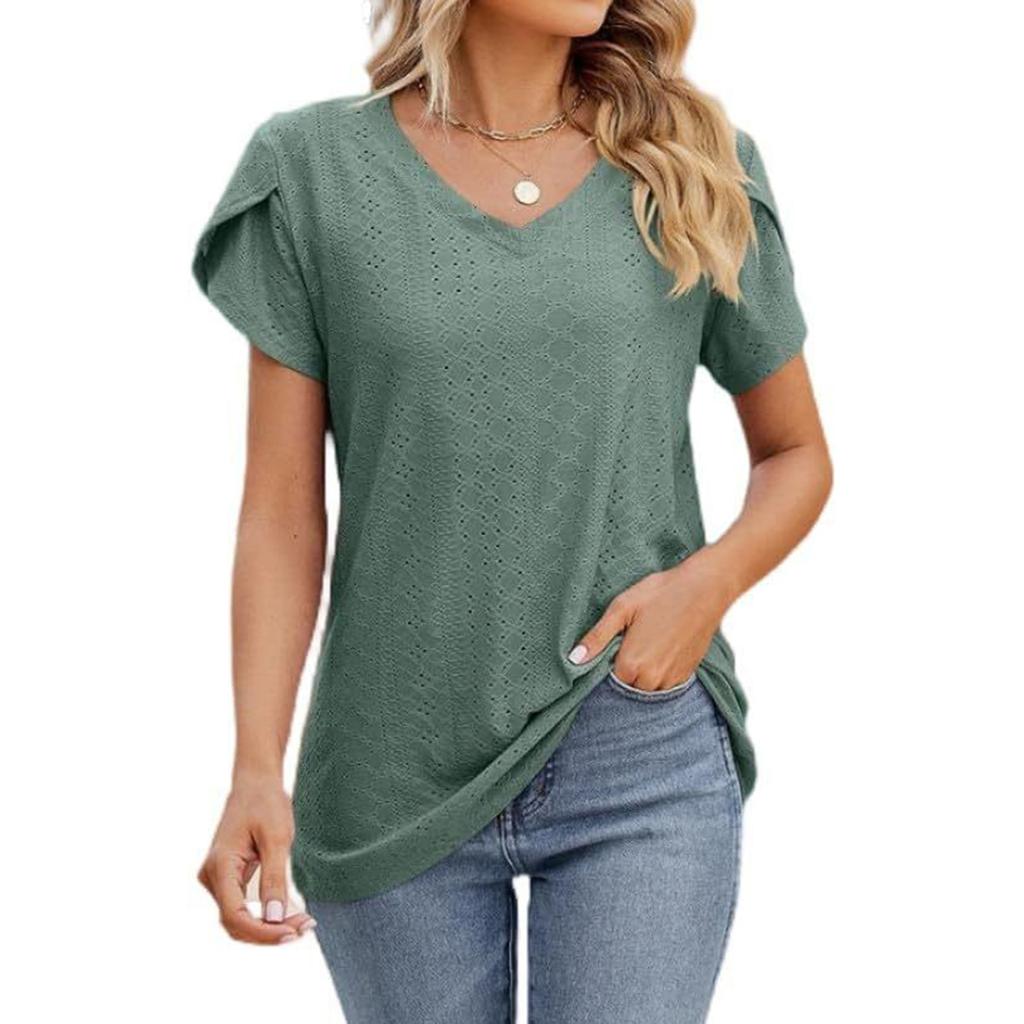 Damen Casual Mode V-Ausschnitt Einfarbig Hohl Kurzarm T-Shirt Top