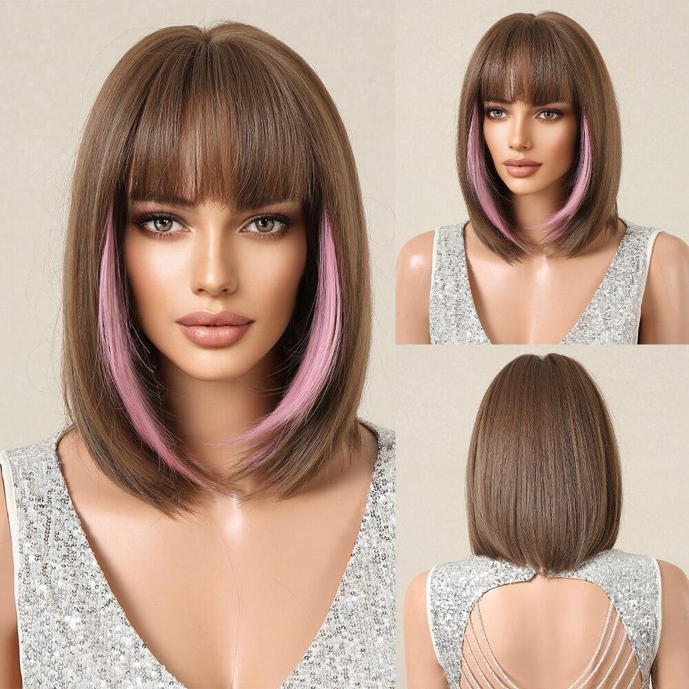 ALAN EATON Short Brown Highlight Bob Wigs Synthetic Hair Wig Women Natural Looking Mixed Brown Wig Heat Resistant Fiber Daily