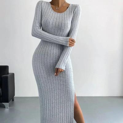 Fashion Autumn Solid Elegant Knitted Women Long Dress Winter Long Sleeve Sweater Dresses O Neck Slim Sexy Club Dress