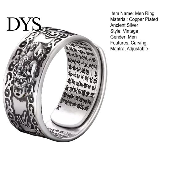 Men Ring Vintage Carving Mantra Scripture Adjustable Bring Luck Wealth Birthday Feng Shui Gift Male Chinese Pixiu Finger Retro Jewelry