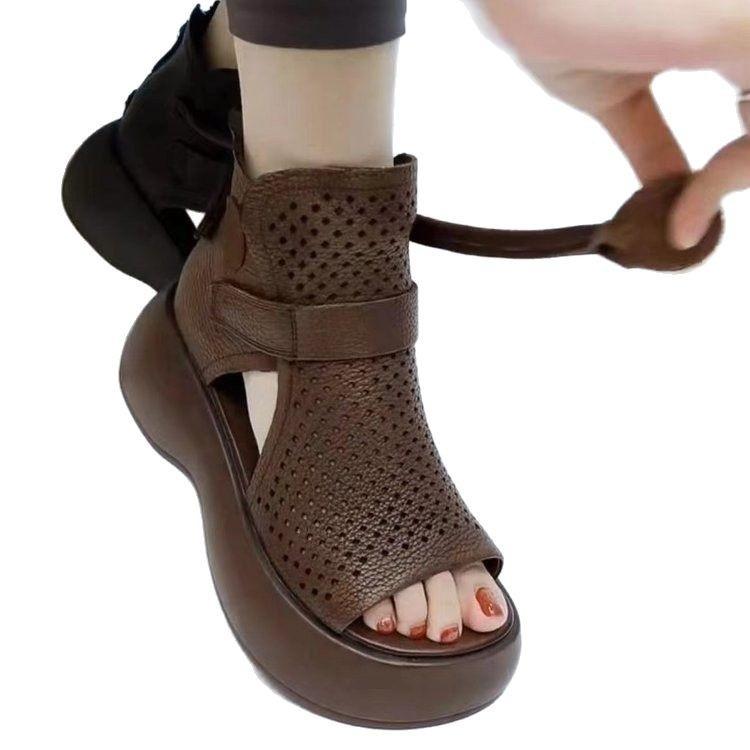 Foreign Trade Large Size Spring and Summer Muffin Thick Sole Heightening Sandals Women's Fashion Versatile Outer Wear Hollow Roman Cool Boots Women