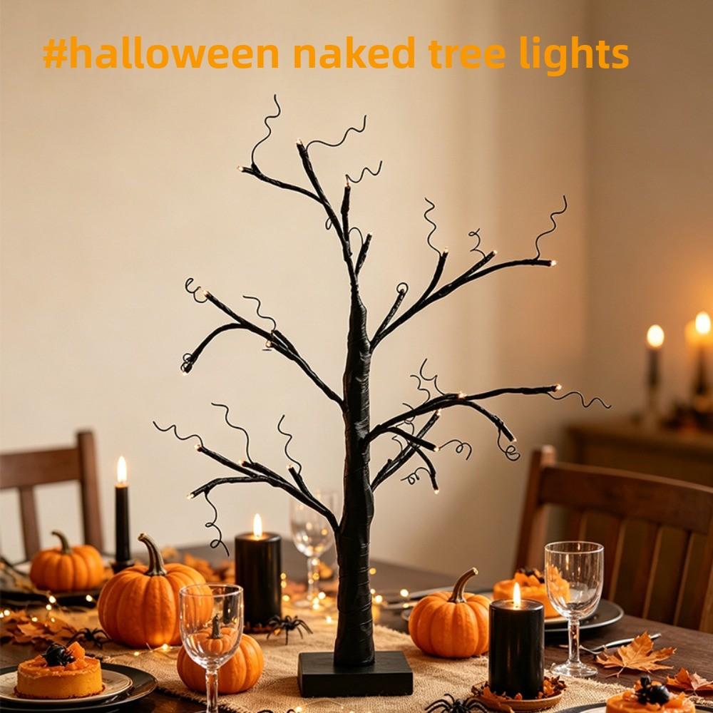 1Pcs 60cm Halloween LED Table Tree Light Black Spooky Tree Lamp Pumpkin Eyeball Ornament for Indoor Party Bedroom Tabletop Decor