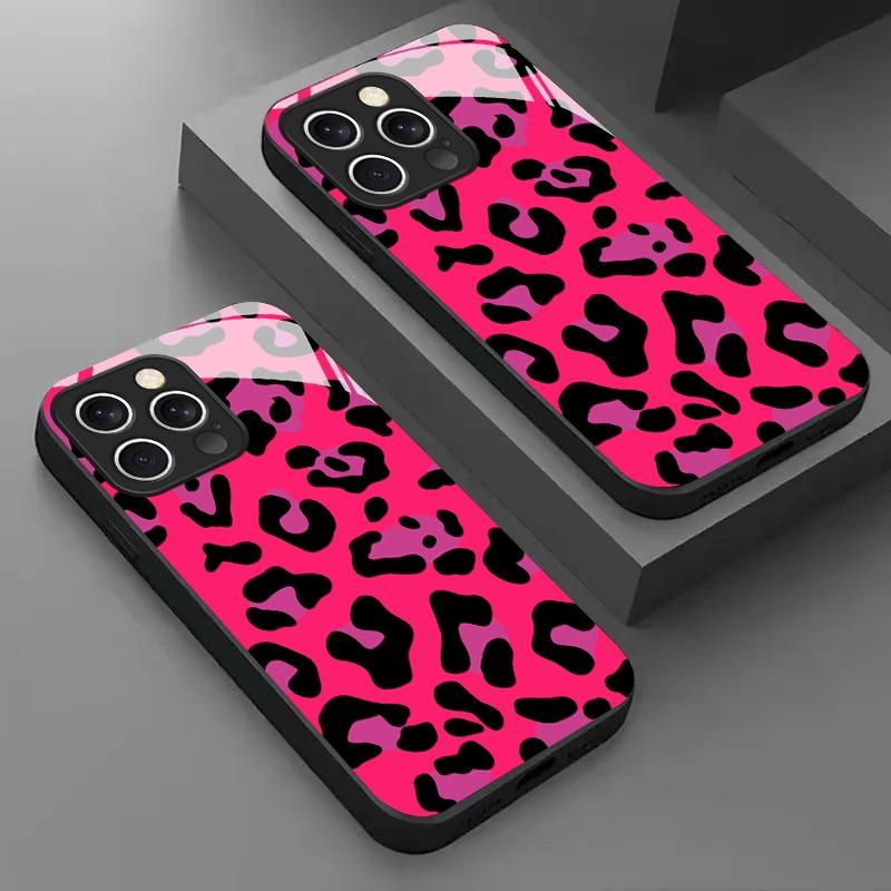 New Pink Leopard Print Tempered Glass Black Phone Case For Samsung Galaxy S25 S24 S23 Ultra Plus FE Protective Cover