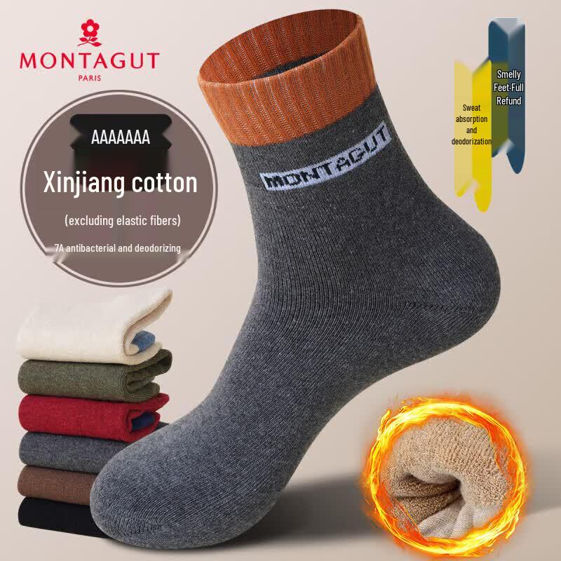 Montagut Men s 100% Cotton Thickened Thermal Mid-Calf Socks 5-Pair Pack One Size (Fleece Lined, Thickened)