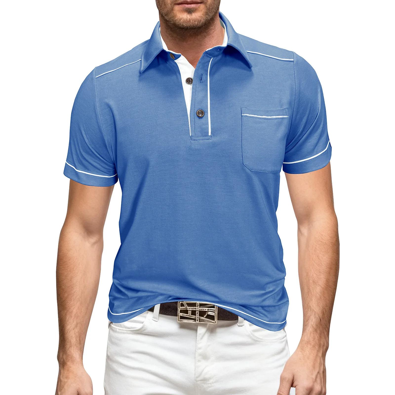 

Lapel Short Sleeve Button Fashion Polo Shirt Large Size Contrast Color Men Polo Suit Henley Top for Men S світло-синій колір