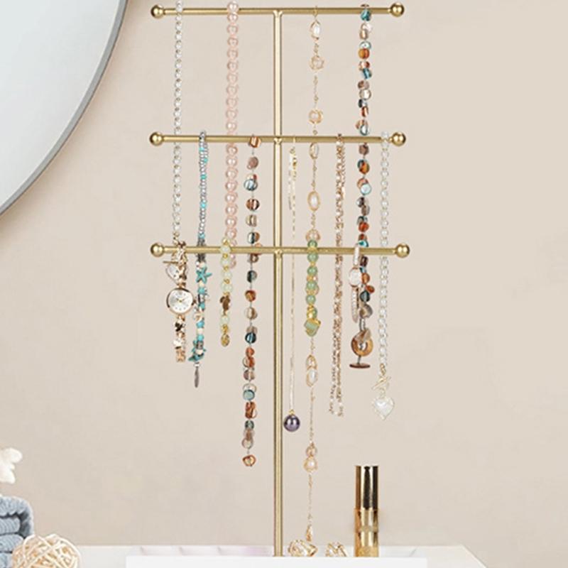 Multifunctional Metal Jewelry Stand Featuring Hook and Trays for Neat Arrangement of Necklaces Bracelets Rings