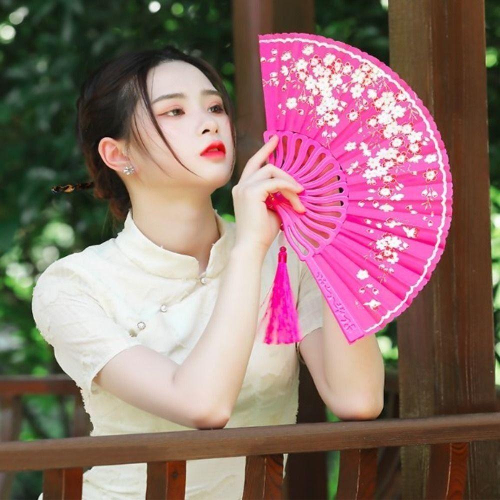 Elegent Chinese Style Plum Blossom Fan Plastic Dance Performance Props Antique Folding Fan Flower Pattern Cloth Dance Fan