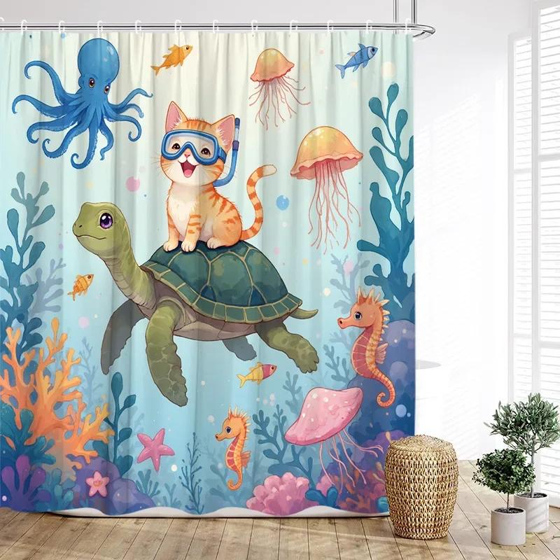 Funny Diving Cat Dog Shower Curtain Cute Cartoon Bathing Animals Sea Turtle Underwater Scenery Kids Bathroom Curtains Decor Set