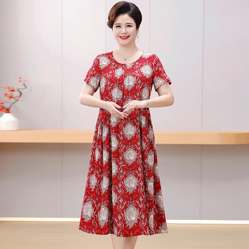 Women's Floral Cotton & Rayon Summer Dress - Plus Size, Belly-Covering, Loose Fit for Middle-Aged & Elderly
