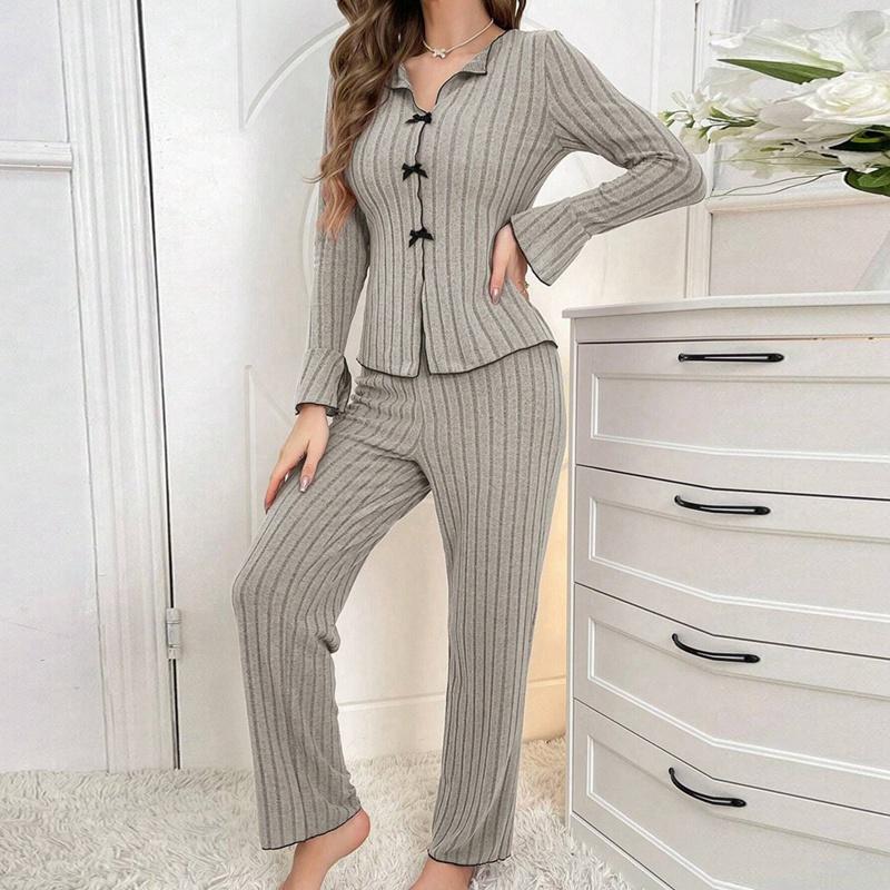 Damen Revers Schleife Langarm Oberteil und Hose Pyjama Anzüge Loungewear Sets